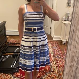 ANNE KLEIN Vintage Style Blue/White Nautical Striped Belted Day Dress size 2